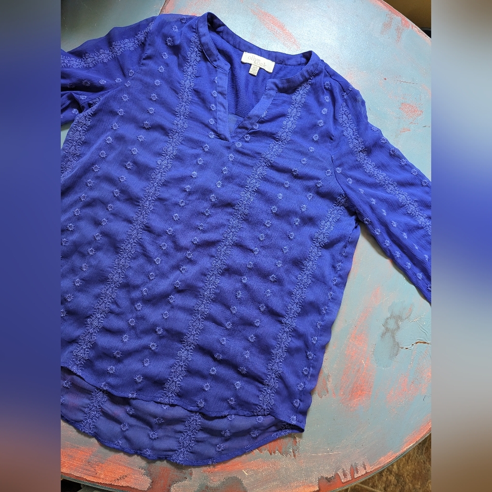 💙 OLIVE + OAK 💙 Sheer Embroidered Indigo Blouse